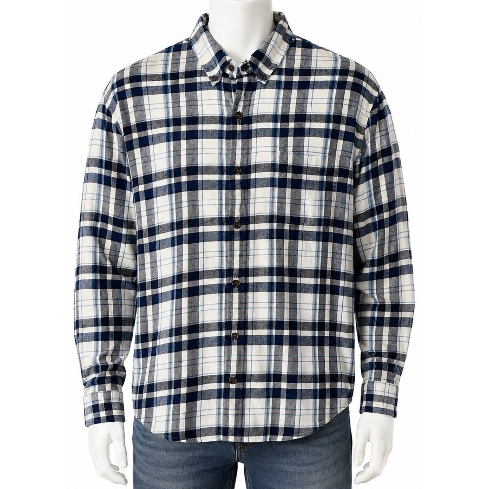 LANDS END Men's Long Sleeve Shirt Jacket XL 17-17 1/2 Fleece White Blue Plaid